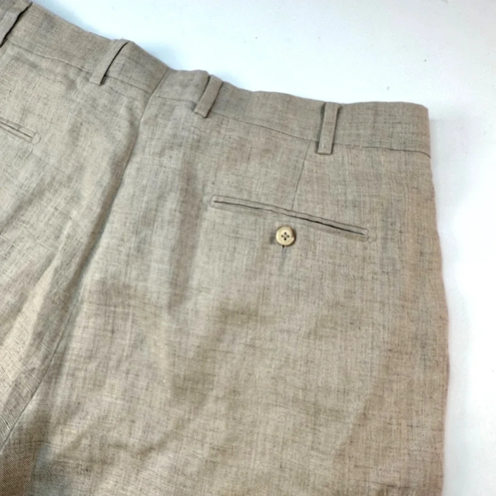 Paul Fredrick 40 Linen Dress Pants Beige Pleated Summer Resort Wedding Trousers